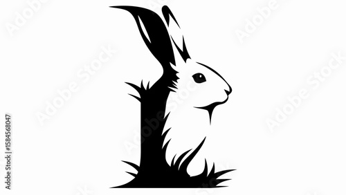 Silhouette of a rabbit emerging from grass in black and white vector illustration design style art