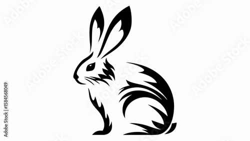 Illustration of a stylized black and white rabbit with long ears sitting in profile view facing left