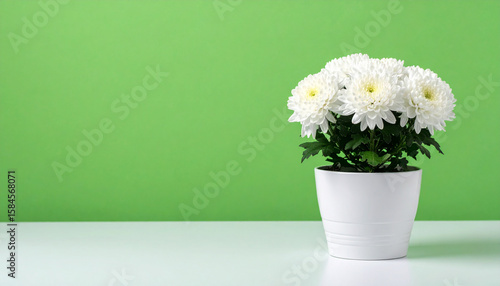 Wallpaper Mural White chrysanthemum flower pot with green leaves stands on white surface against green background, creating fresh and clean atmosphere with symmetrical arrangement Torontodigital.ca