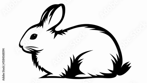 Illustration of a black and white rabbit with detailed fur and long ears in profile view sitting down