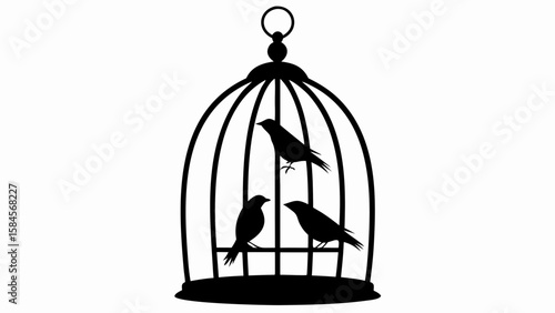 Silhouette of a birdcage with three birds inside, creating a stark and graphic black and white image