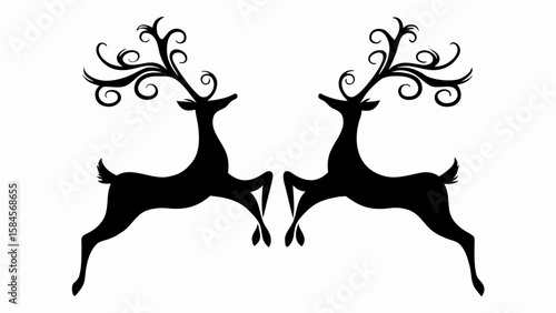 Two stylized reindeer silhouettes facing each other with elaborate curly antlers design element art