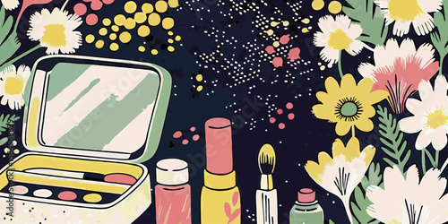 Colorful Makeup Products Surrounded by Floral Background for Beauty Blogs, Cosmetics Websites, Self-Care Articles, and Social Media Content  