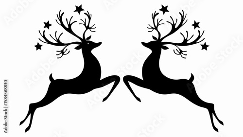 Two black reindeer silhouettes leaping with stars adorning their antlers on a white background scene