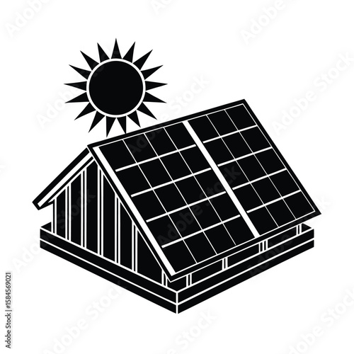 Flat Vector Illustration Showing Installation Of Solar Panel Systems vector silhouette on white background