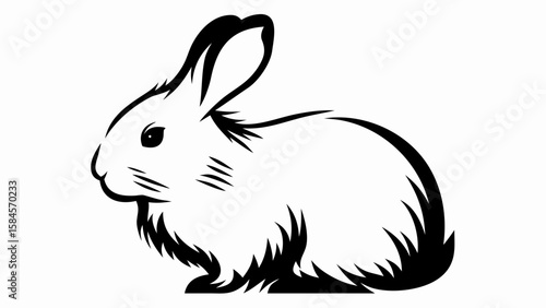 Illustration of a stylized rabbit in black and white with detailed fur and ear features shown clearly