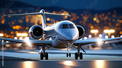 Private jet airplane runway night lights airport travel luxury sleek modern aviation flying aircraft landing with city lights glowing during evening