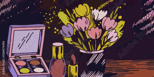 Makeup Products and Colorful Tulip Arrangement on Wooden Surface for Beauty Blogs, Fashion Websites, Home Decor, Lifestyle Content, and Social Media Aesthetic  