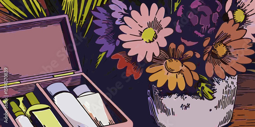 Cosmetics and flowers in a box, illustrated style, warm colors, for beauty blogs