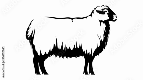 Illustration of a sheep with thick wool standing in profile in black and white simple design style