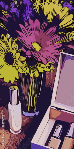 Floral bouquet and perfume bottles in vibrant colors, for beauty blogs