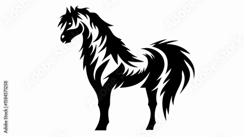 Silhouette of a stylized black horse with a decorative mane and tail standing on a white background