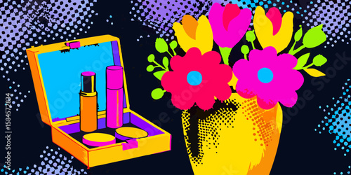 Cosmetics and flowers in bright colors, for beauty blogs