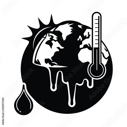 Global Climate Change Awareness Concept With Melting Ice And Rising Temperatures vector silhouette on white background