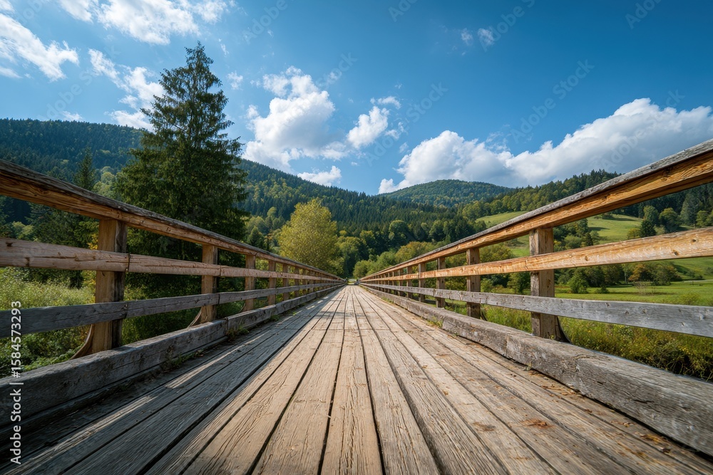 Fototapeta premium Wooden bridge in wooded hills under a cloudy blue sky