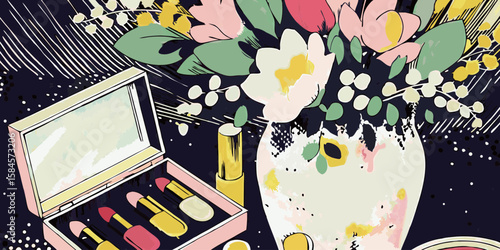 Lipstick set with flowers in vase, colorful illustration for beauty blog