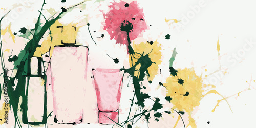 Artistic Illustration of Perfume Bottles with Floral Accents for Beauty Blogs, Skincare Websites, Personal Care Articles, and Wellness Content  
