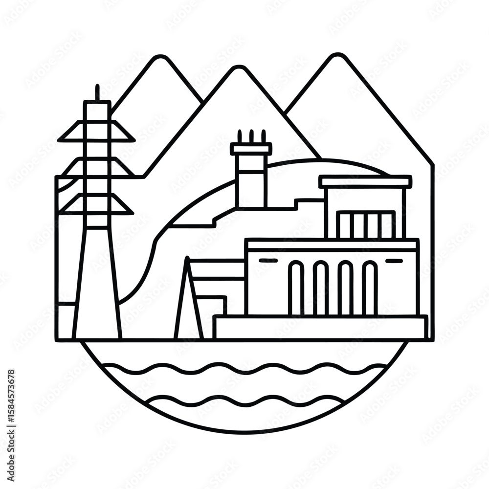 Naklejka premium Hydroelectric Power Station In Mountain Region Generating Renewable Energy vector line art on white background
