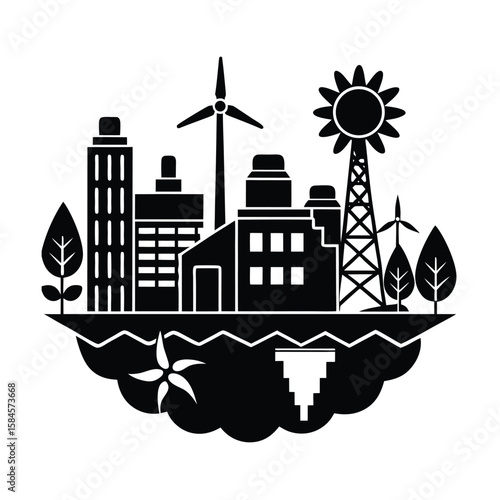Flat Vector Of Zero Emission Community Powered Entirely By Renewable Resources vector silhouette on white background