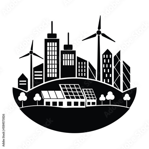 Smart City Using Green Energy With Wind Turbines And Smart Grid Technology vector silhouette on white background