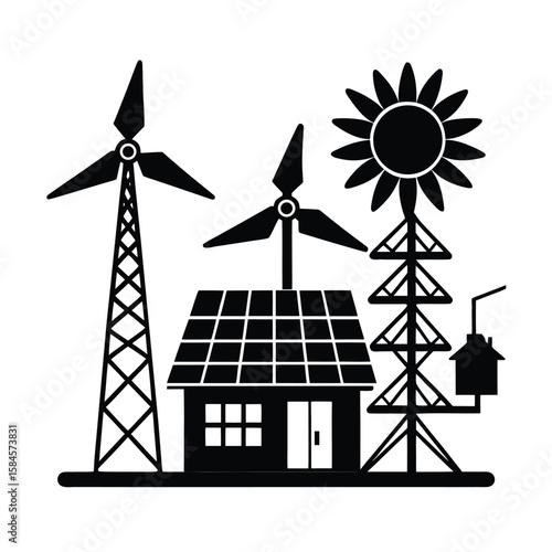 Smart Grid Distribution System Balancing Solar And Wind Energy Supplies vector silhouette on white background