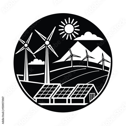 Solar Farm And Windmill Landscape Illustrating Clean Energy Infrastructure vector silhouette on white background