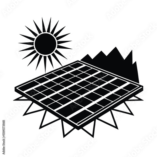 Solar Panel Farm Producing Electricity In Desert With Renewable Sources vector silhouette on white background