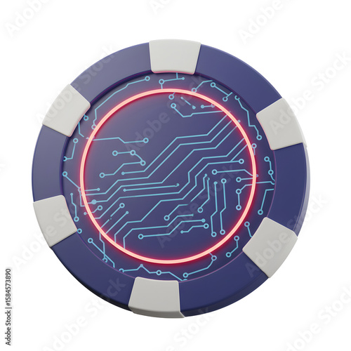 A blue and white casino chip features a circuit design and a bright red circle, adding a tech inspired and modern edge to gaming chips.