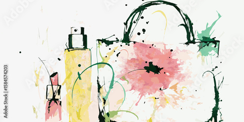 Abstract Floral Handbag and Beauty Products Illustration with Vibrant Colors for Fashion Blogs, Lifestyle Websites, Beauty Awareness, and Social Media Content  