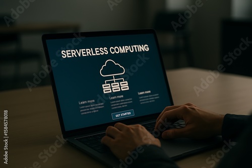 Person types on a laptop featuring serverless computing and related graphics on the screen.