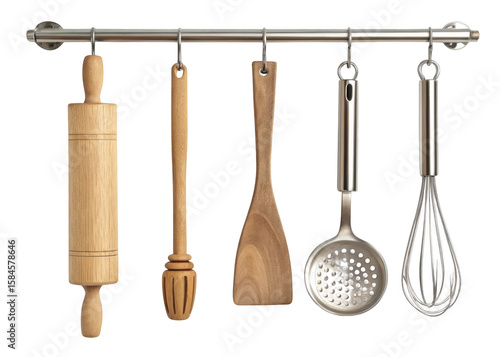 Collection of kitchen utensils including a rolling pin whisk and spatula hanging on a rack isolated on transparent background