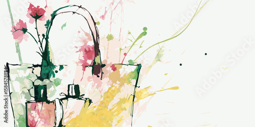 Tote bag with flowers and perfume, painted in watercolor style, for fashion blogs