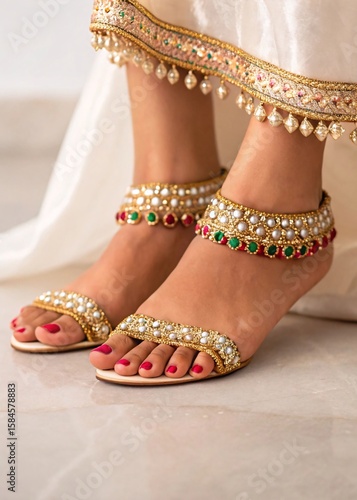 Elegant Kundan Pearl Anklets Adorning Feet with Traditional Indian Sandals for Festive Celebrations and Special Occasions