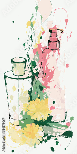 Perfume bottles and flowers in watercolor style, for beauty product packaging