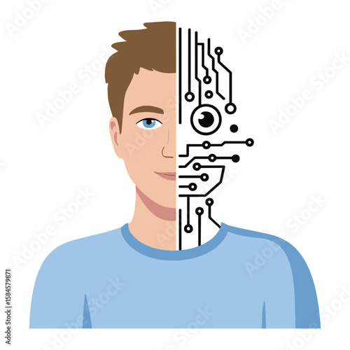 Illustration of a man with half his face human and the other half as a circuit board design