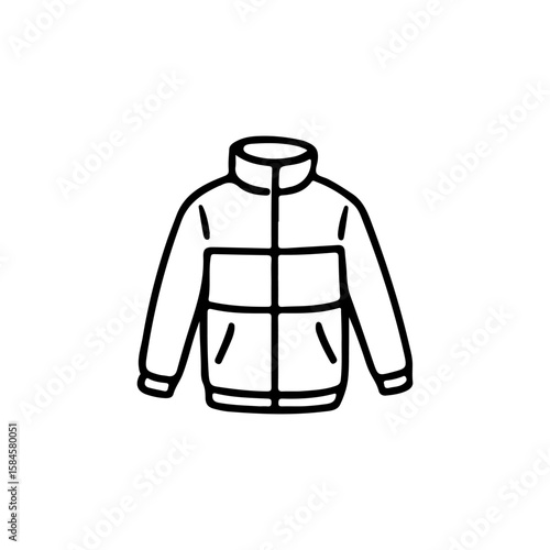 Vector doodle-style illustration of a warm winter jacket. Hand-drawn icon of outerwear for cold weather. Perfect for seasonal, fashion, or outdoor design themes
