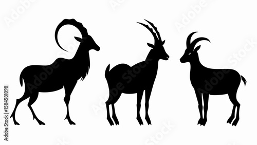 Silhouette depiction of three ibexes with different horn shapes standing side by side on a white background