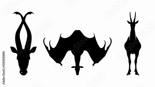 Silhouette depiction of three animals including two antelopes and one bat in black color scheme