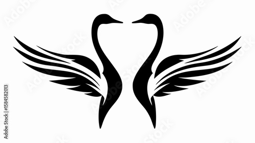 Two swans facing each other with wings spread forming a heart shape in black and white design