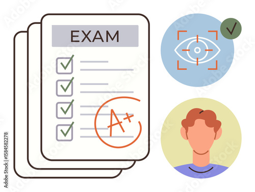 Exam paper with checkmarks and A grade, biometric recognition eye scan, and student portrait. Ideal for education, assessments, e-learning, results, authentication success and evaluation. Simple