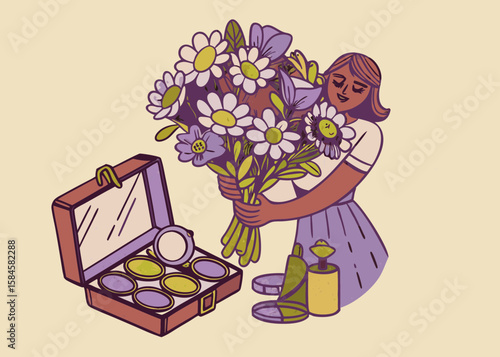 Woman Holding Bouquet of Flowers with Makeup Case and Bottles in a Pastel Illustration for Online Shops, Floral Blogs, Beauty Websites, and Social Media Content  