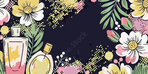 Floral perfume bottles illustration, pastel colors, for websites and blogs, with copy space