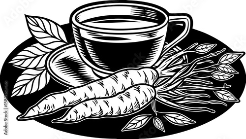 Black and white illustration of a cup on a saucer with carrots and leaves on a dark background