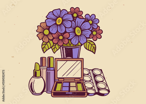 Floral makeup set illustration, pastel colors, for beauty blogs