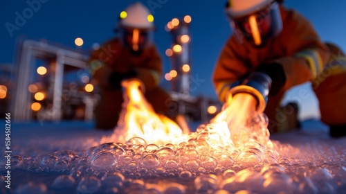 Firefighters using foam to smother the flames of a chemical fire working with precision and caution to ensure the safety of the surrounding area. Expert emergency responders expertly