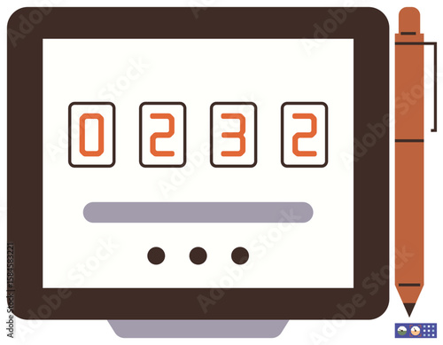 Digital counter screen with numeric display, button interface, and pen. Ideal for accounting, productivity, tracking, recording, technology, office tools simple flat metaphor