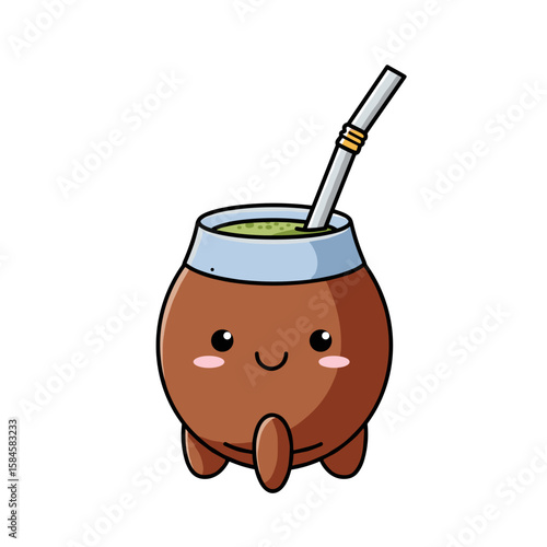 Cute cartoon yerba mate drink with smiling face and straw  