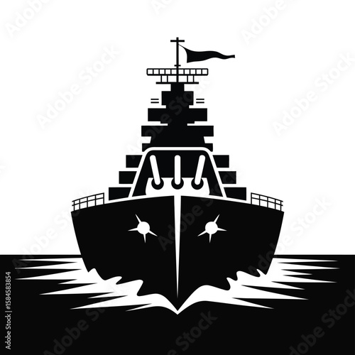 Black and white battleship silhouette on water with flag illustration