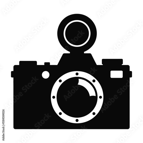 Black and white camera silhouette with lens and flash on a white background