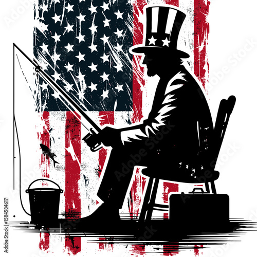 Silhouette of Uncle Sam fishing in front an American. Cartoon Clipart Vector Illustration Line Art Illustration. Outline a patriot angling before united states symbol country recreation.